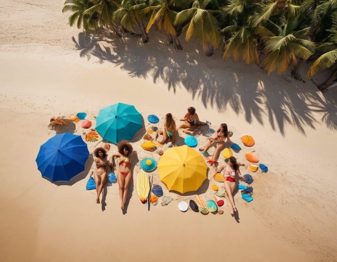 A vibrant summer beach scene showcasing a diverse group of people wearing chic bikinis and eco-friendly swimwear, set against a sunny beach with palm trees and blue skies. Include colorful beach umbrellas, surfboards, and a natural element like seashells or eco-friendly materials scattered on the sand to emphasize sustainability. Capture a sense of fun and relaxation in the atmosphere. super-realistic. vibrant colors. warm sunlight.